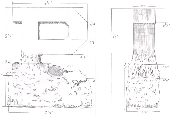 Artist sketches of the Unfinished Block P - Front and Left Side